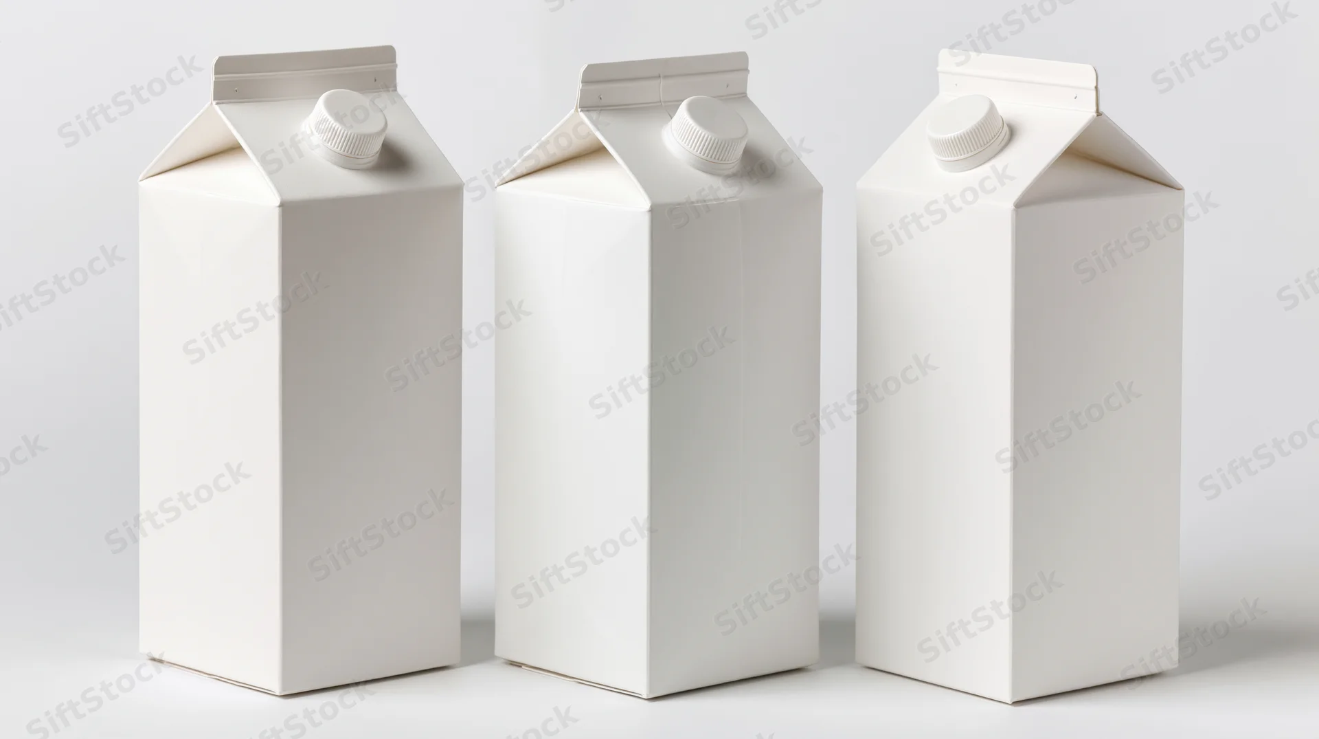 Three blank white cardboard cartons arranged in a row on a white surface
