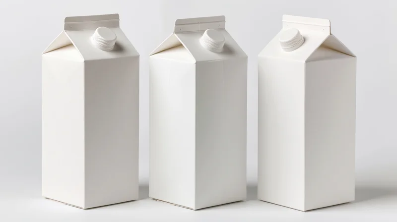Three blank white cardboard cartons arranged in a row on a white surface