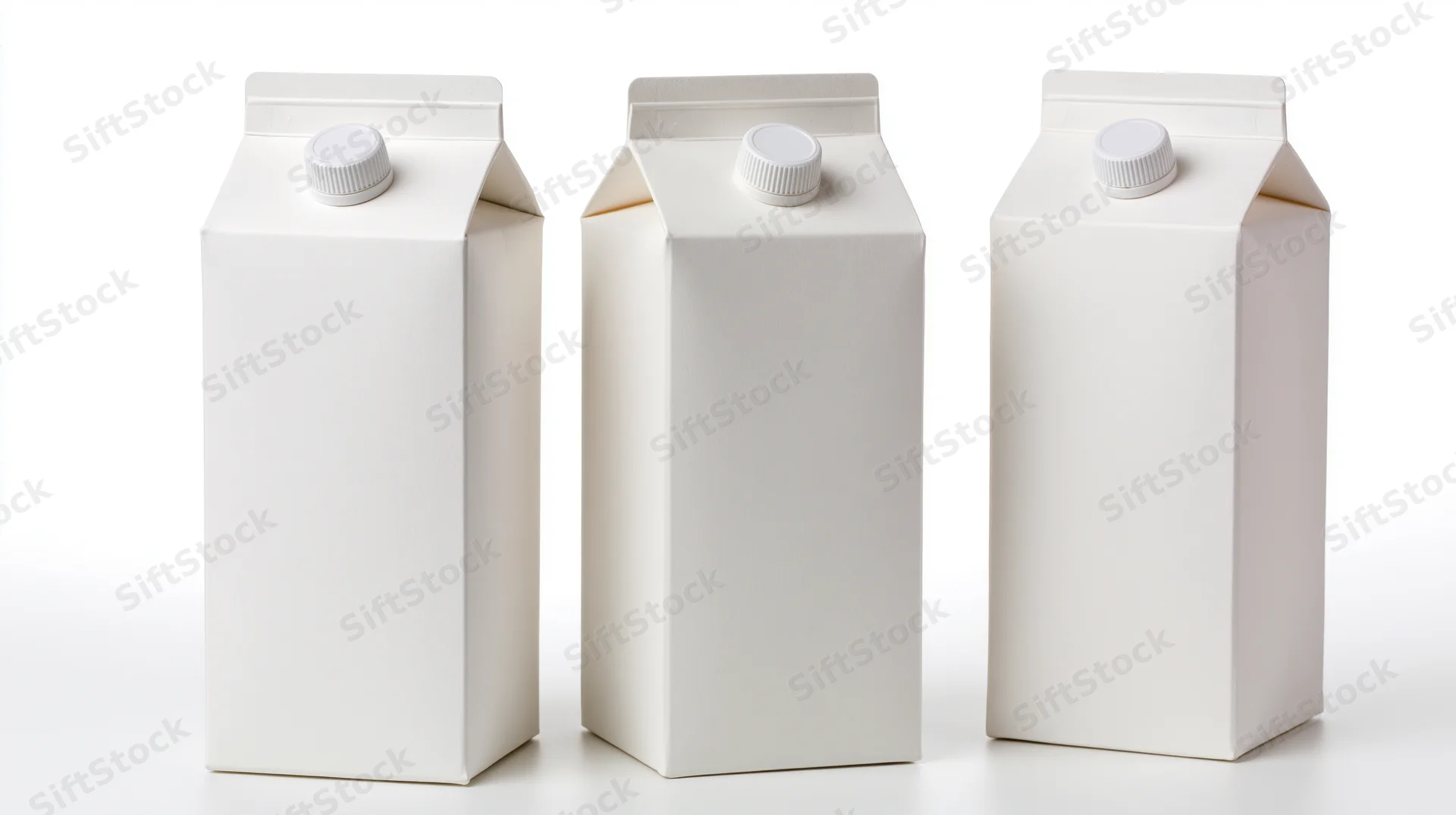 Three blank white cardboard cartons arranged in a row on a white surface
