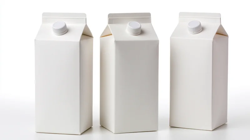 Three blank white cardboard cartons arranged in a row on a white surface