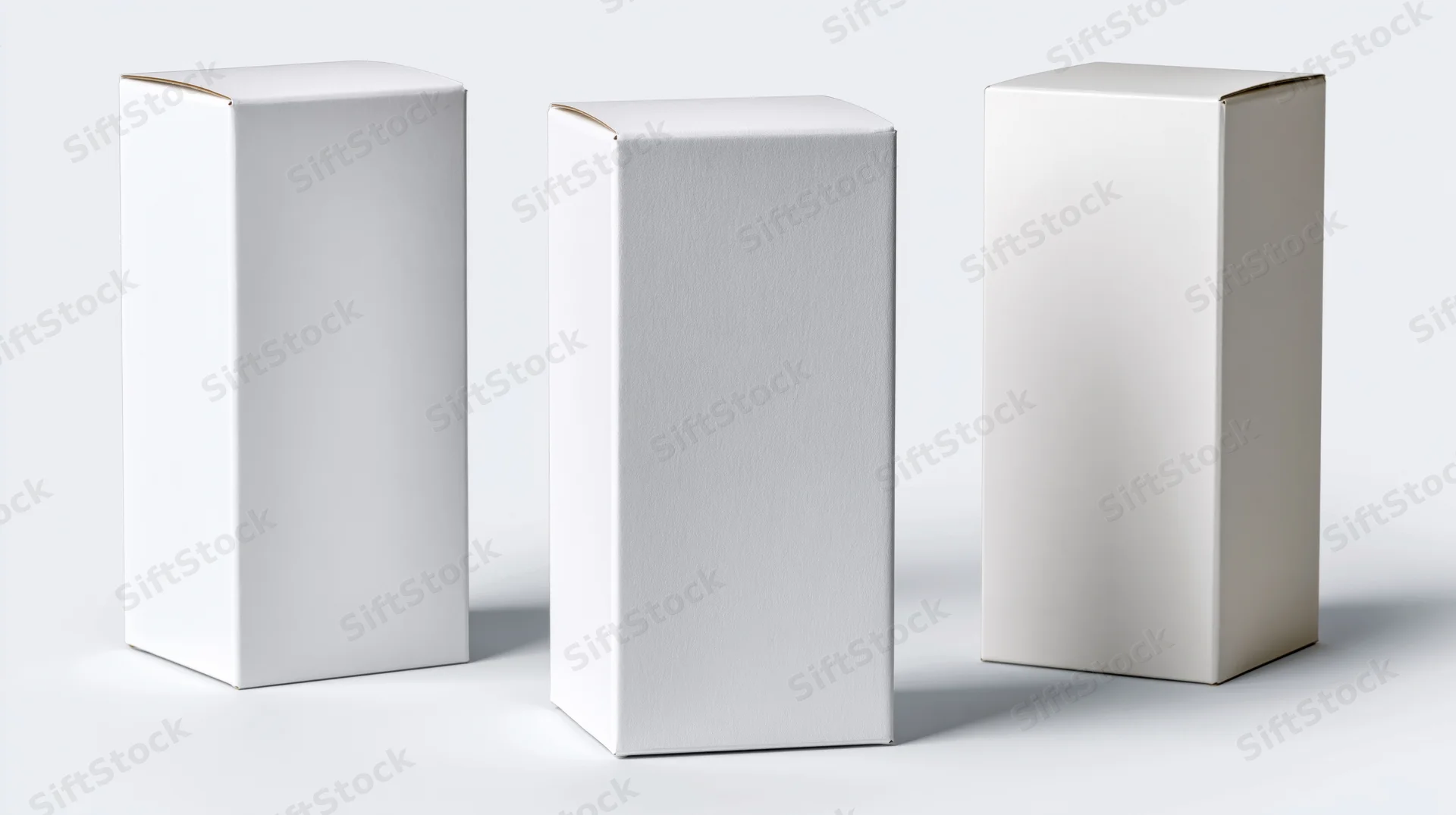 Three blank white rectangular boxes standing upright on a white surface