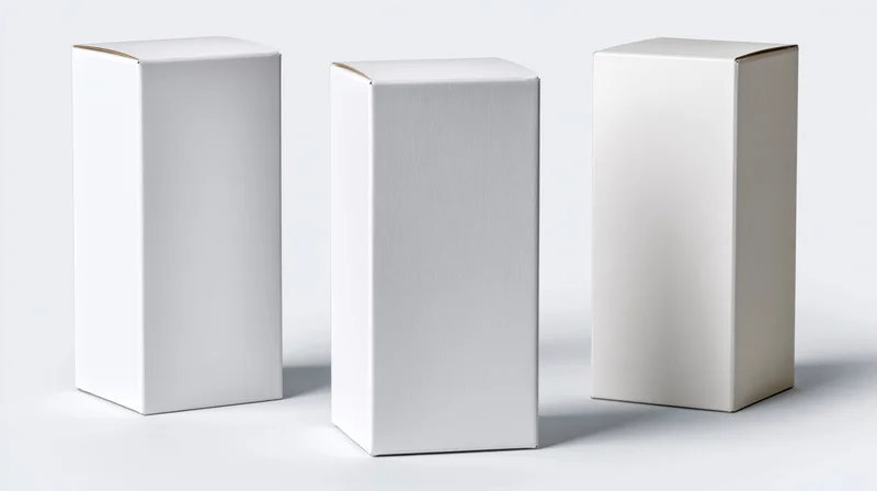 Three blank white rectangular boxes standing upright on a white surface