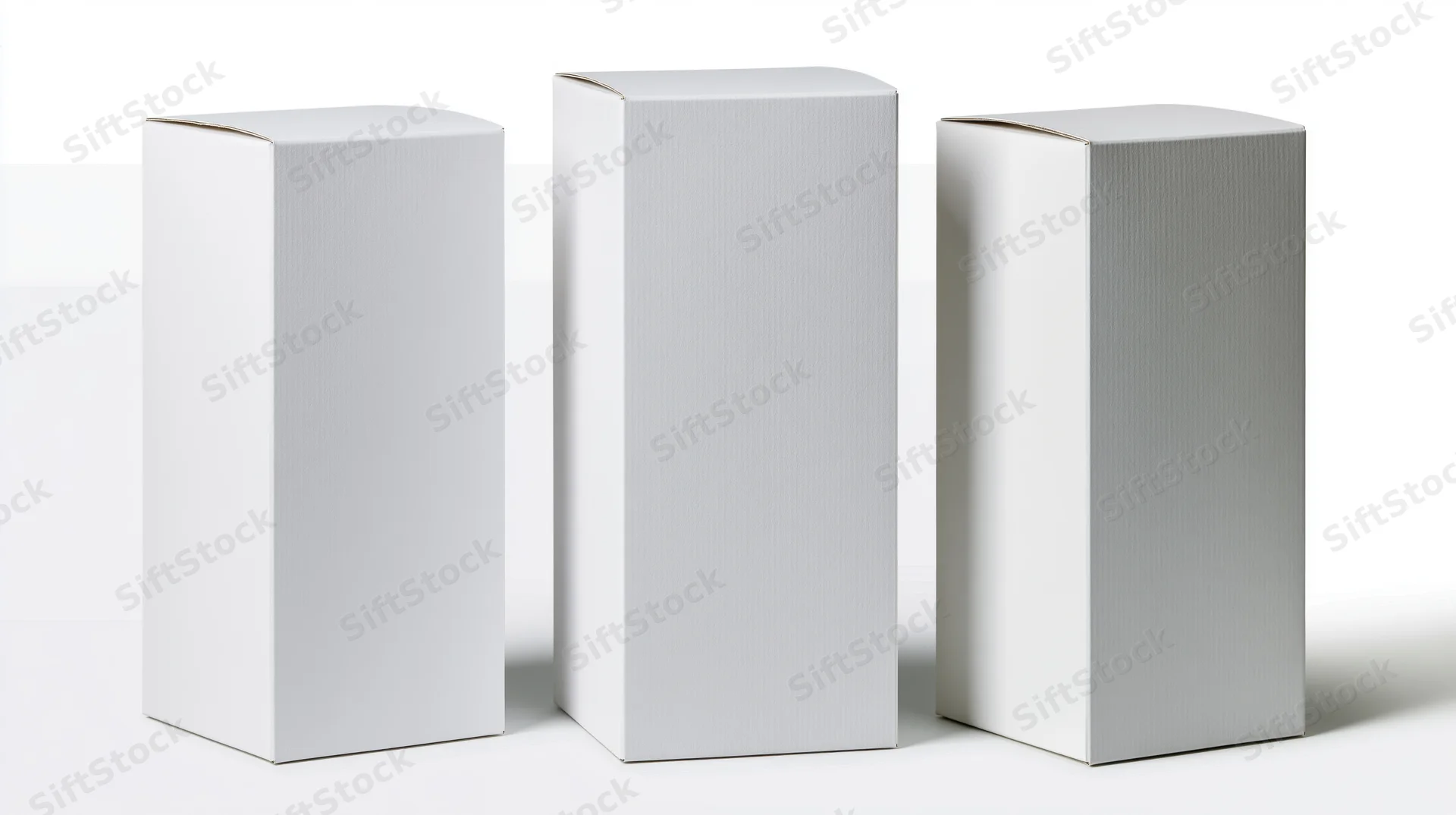 Three blank white rectangular boxes standing upright on a white surface