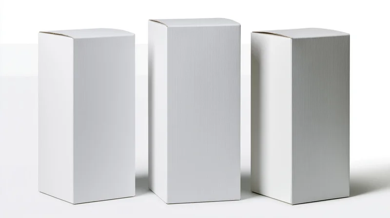 Three blank white rectangular boxes standing upright on a white surface