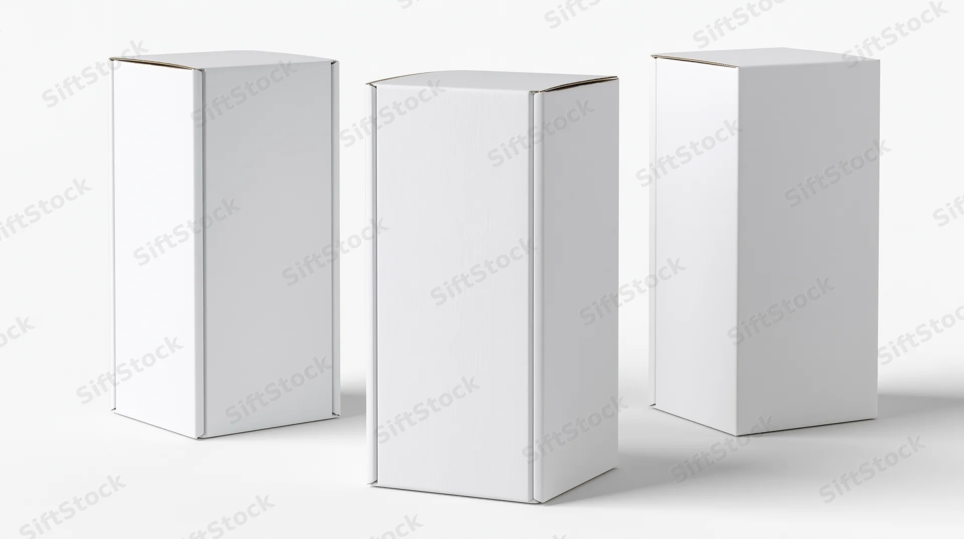 Three blank white rectangular product boxes standing upright on a white surface