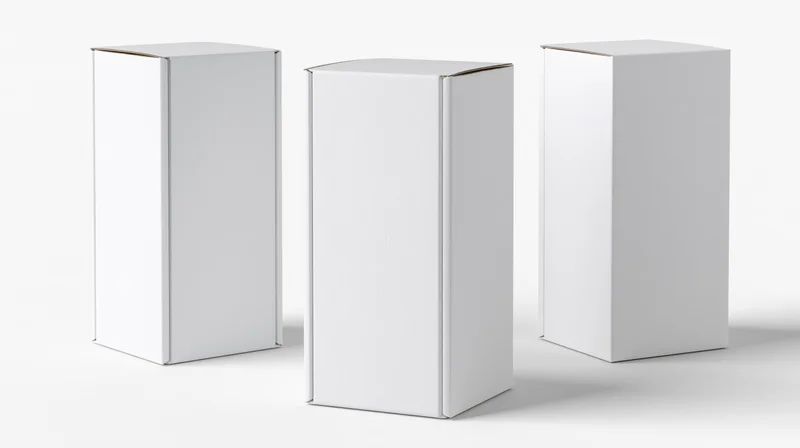 Three blank white rectangular product boxes standing upright on a white surface