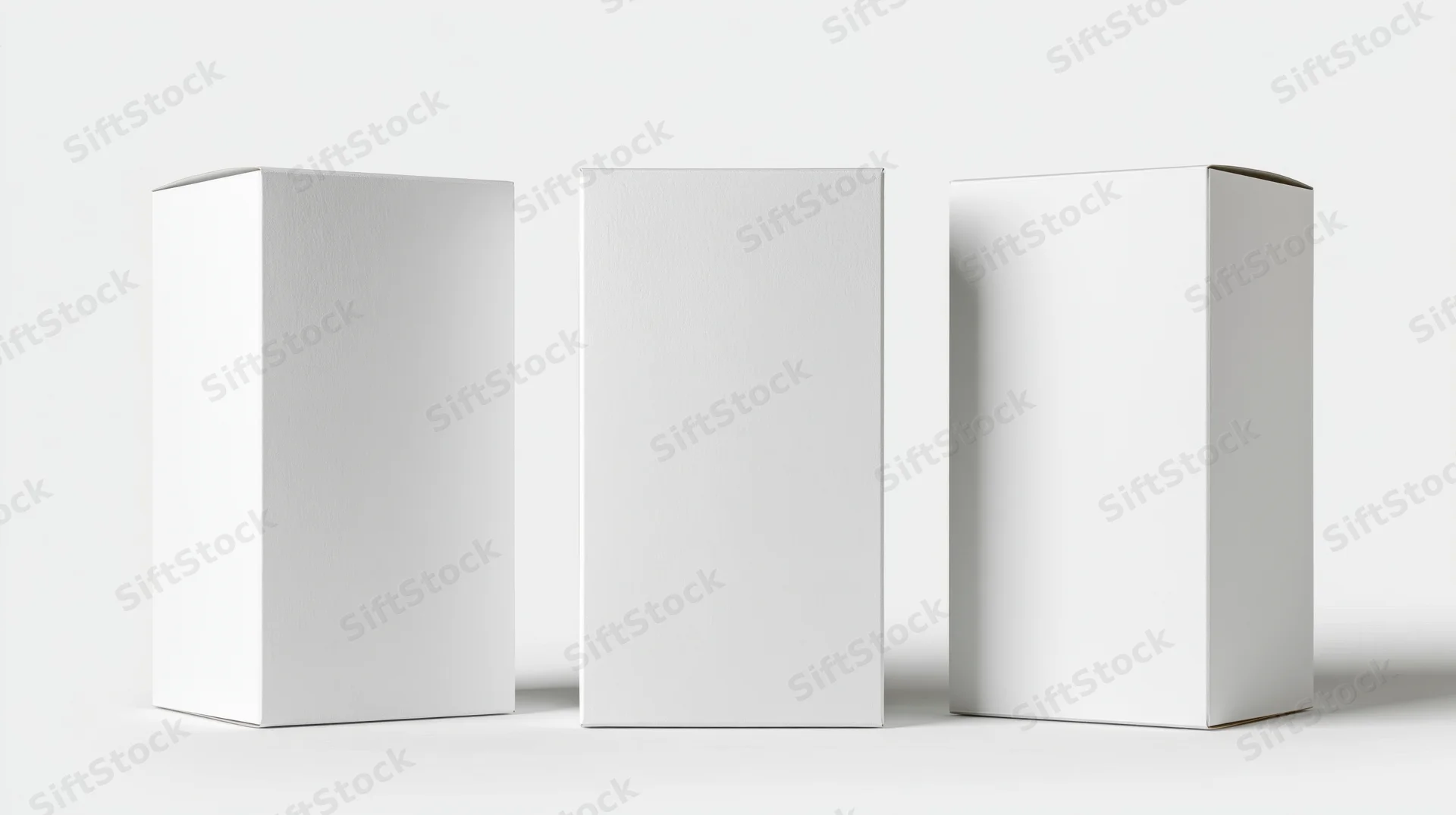 Three blank white rectangular boxes standing upright on a white surface