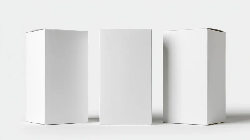 Three blank white rectangular boxes standing upright on a white surface
