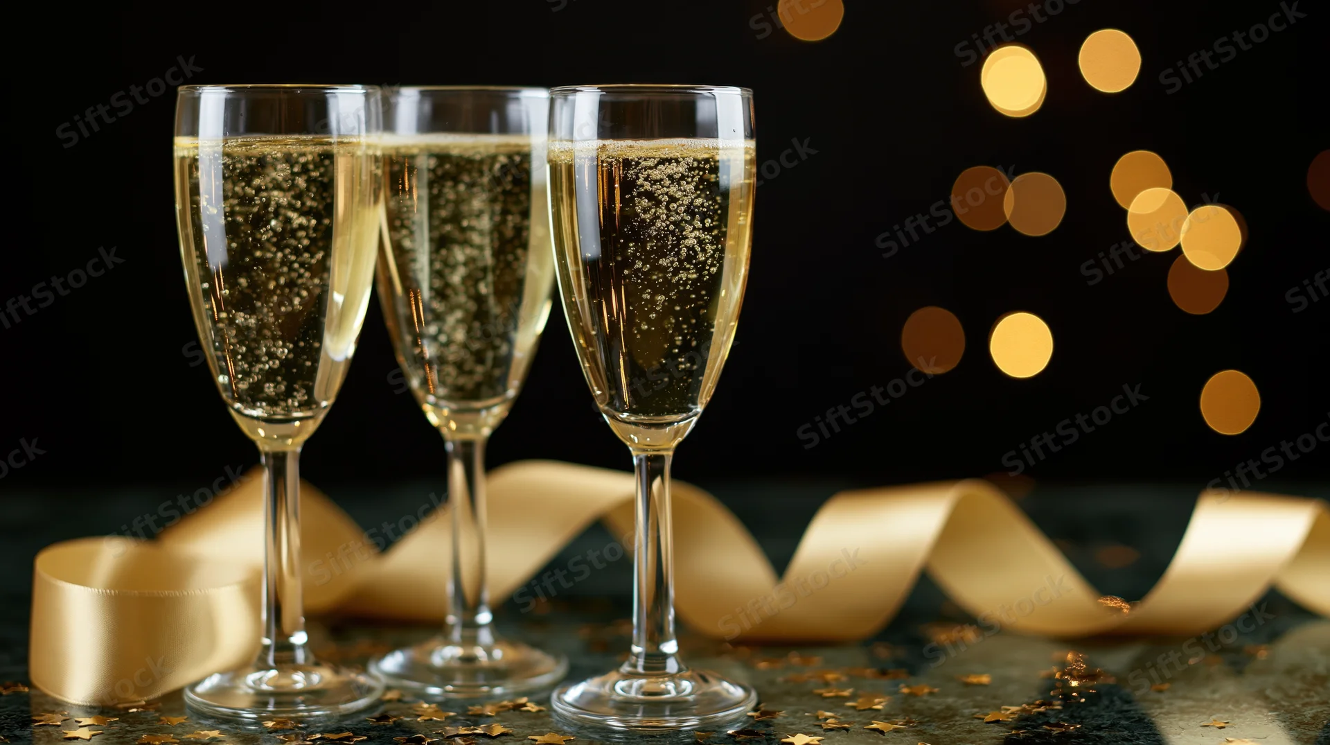 Three champagne flutes filled with sparkling wine on a dark surface with golden ribbon and confetti, bokeh lights in background