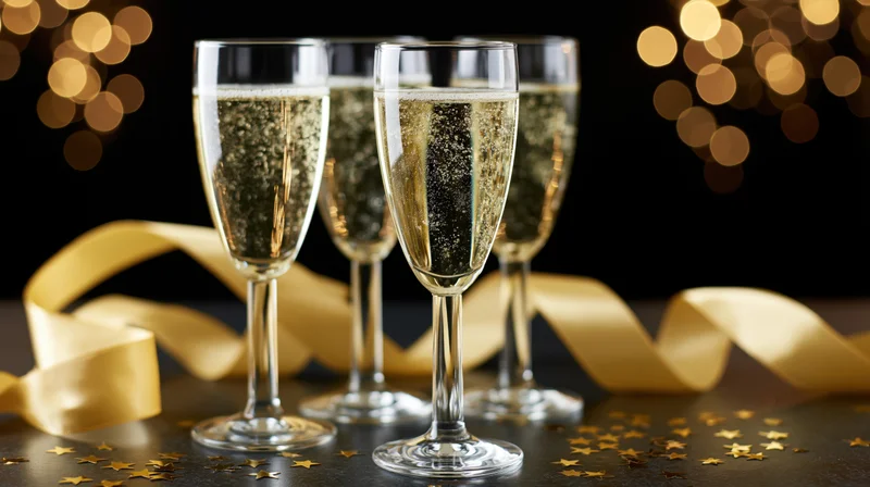Three champagne flutes filled with sparkling wine on a dark surface with golden ribbon and star confetti, bokeh lights in background
