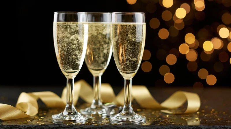 Three champagne flutes filled with sparkling wine on a dark surface with golden ribbon and confetti, bokeh lights in the background