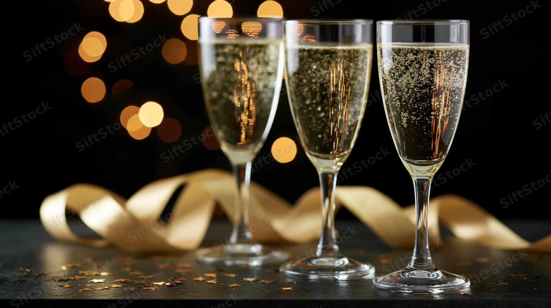 Three champagne flutes filled with sparkling wine on a dark table with golden ribbon and confetti, bokeh lights in background