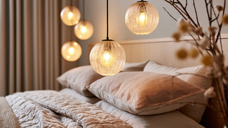 Glowing globe pendant lights hanging above a bed in a cozy bedroom