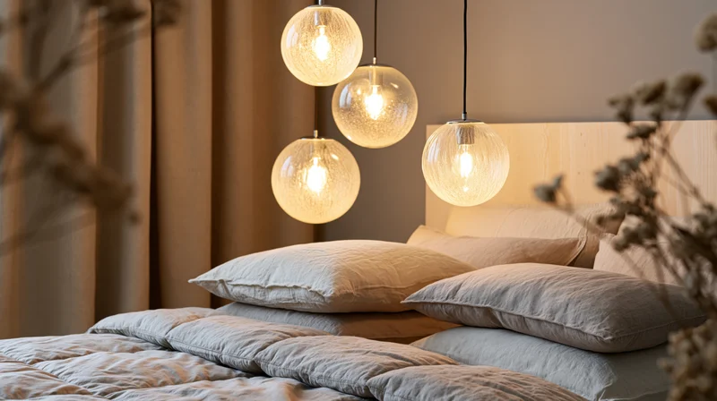 Glowing globe pendant lights hanging above a bed with layered pillows and neutral bedding in a cozy bedroom