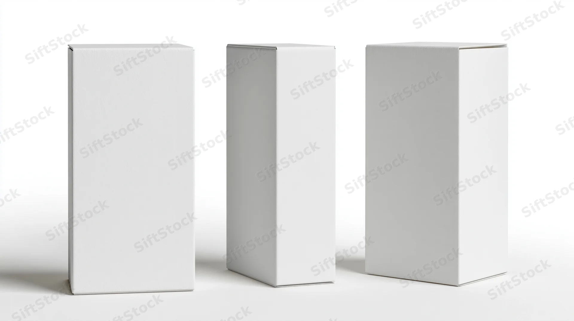 Three identical blank white rectangular boxes arranged in a row on a white surface