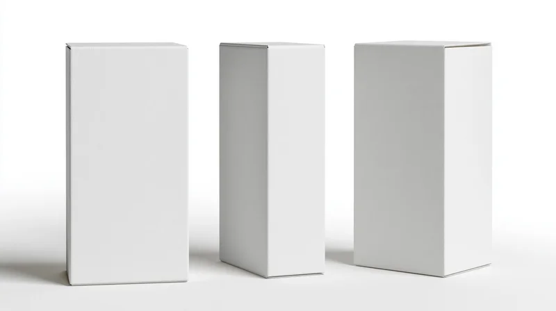 Three identical blank white rectangular boxes arranged in a row on a white surface