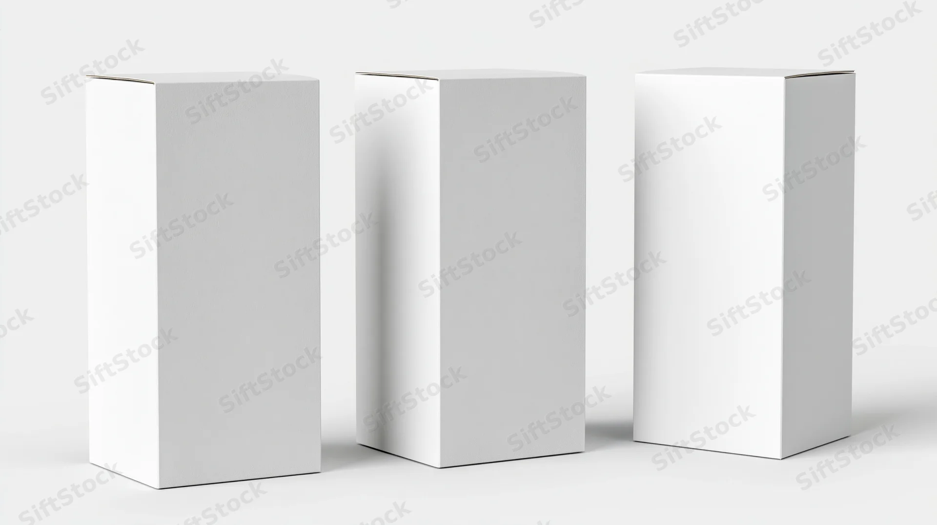 Three identical blank white rectangular product boxes arranged in a row on a plain white surface