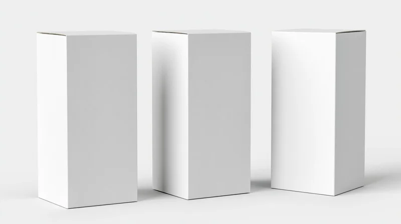 Three identical blank white rectangular product boxes arranged in a row on a plain white surface