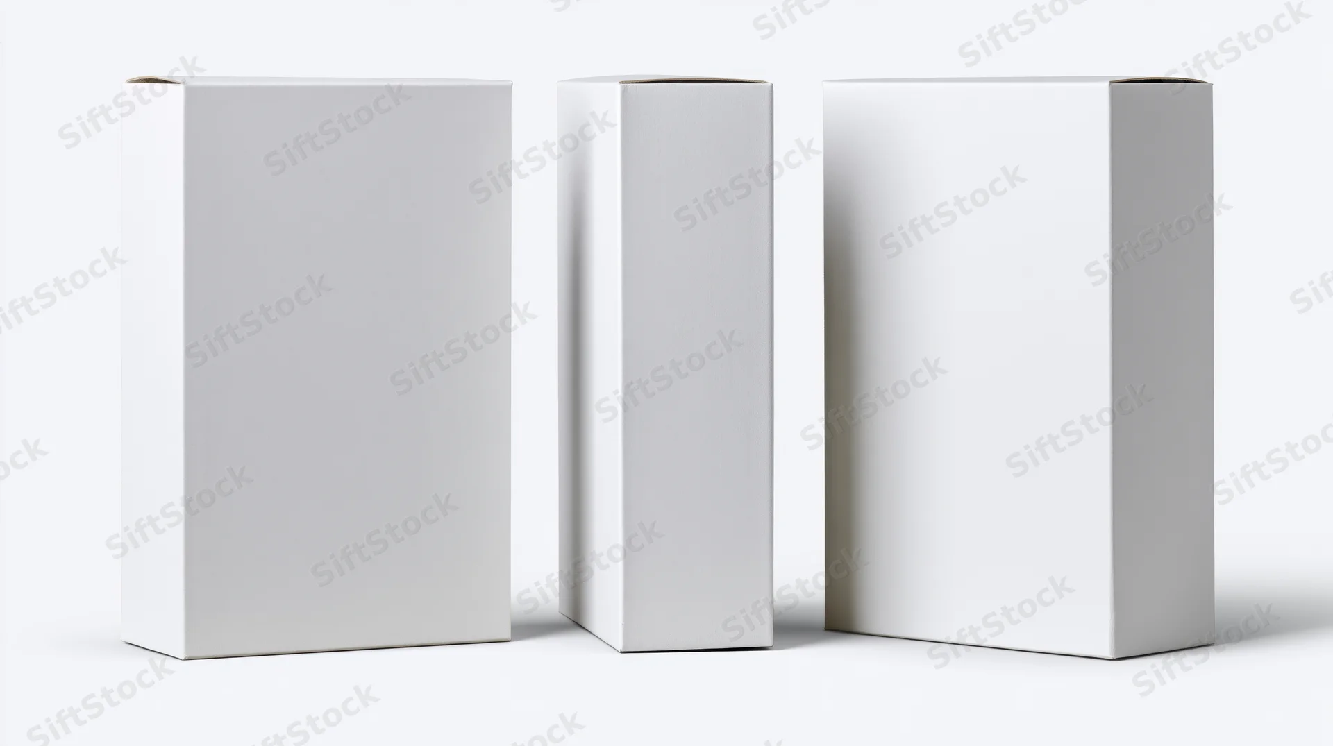Three identical blank white rectangular product boxes arranged in a row on a white surface