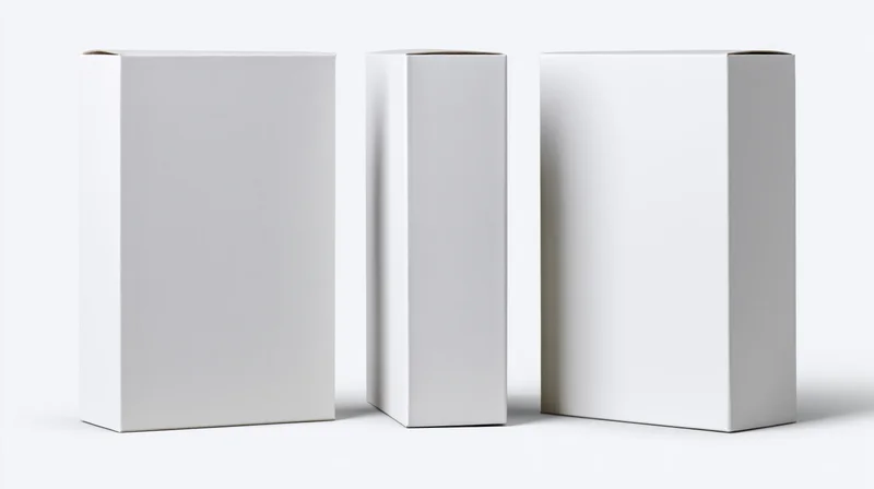 Three identical blank white rectangular product boxes arranged in a row on a white surface