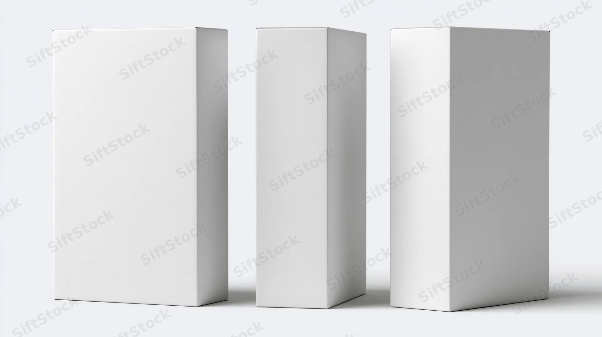 Three identical blank white rectangular product boxes arranged in a row on a white surface