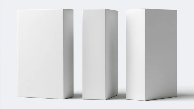 Three identical blank white rectangular product boxes arranged in a row on a white surface