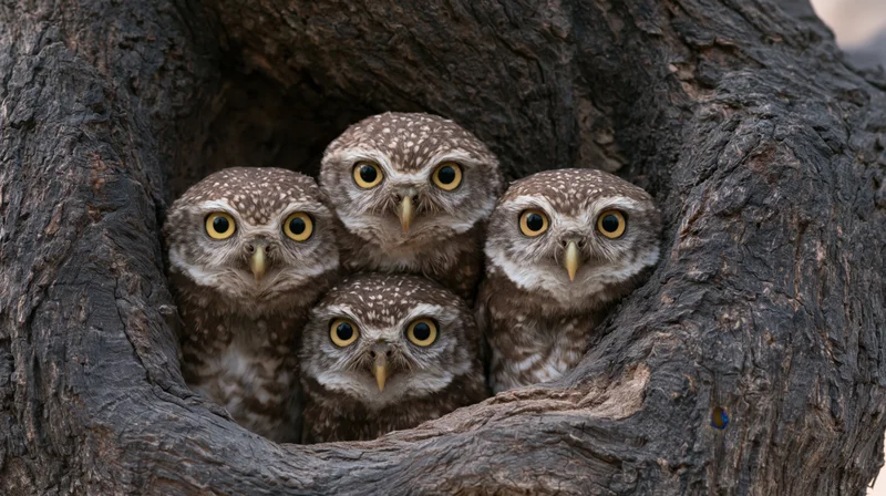Four juvenile owlets peering out from a tree hollow