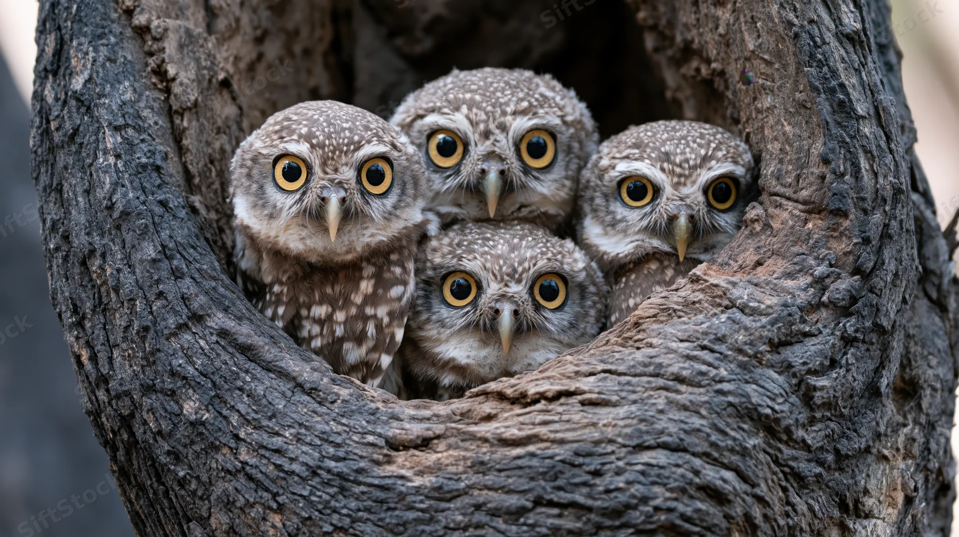 Four juvenile spotted owlets peering from a tree hollow nest