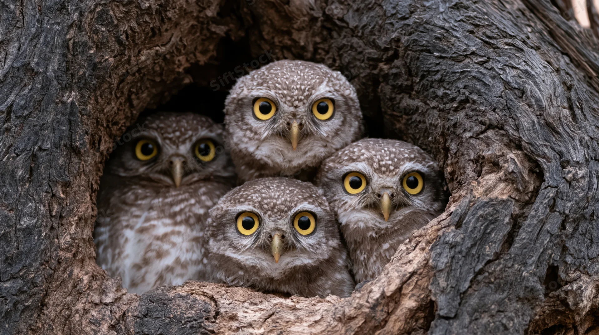 Four juvenile spotted owlets peering from a tree hollow cavity