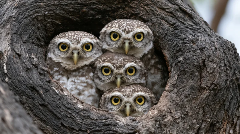 Four juvenile spotted owlets peering out from a hollow tree trunk cavity