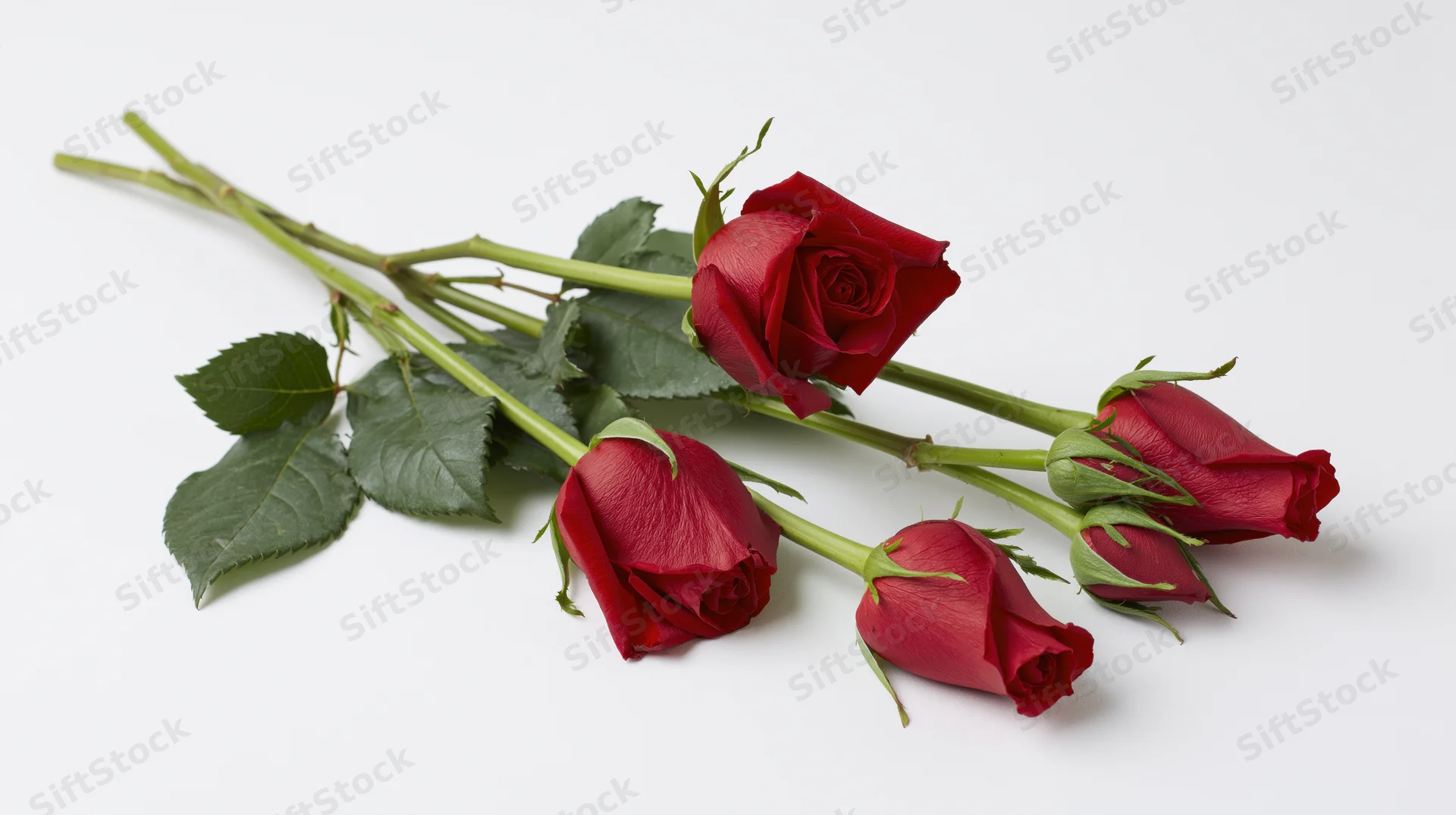 Three red roses with green stems and leaves lying flat on a white surface