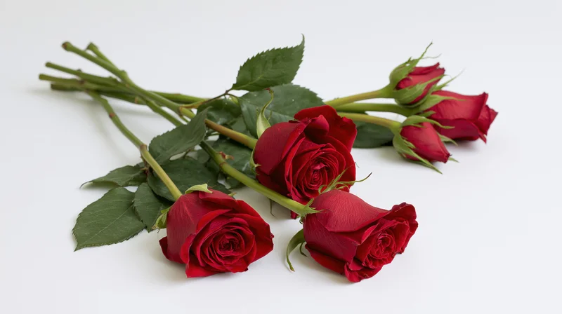 Red roses with green stems and leaves arranged flat on a white surface