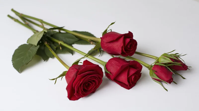 Three red roses with green stems and leaves lying flat on a white surface