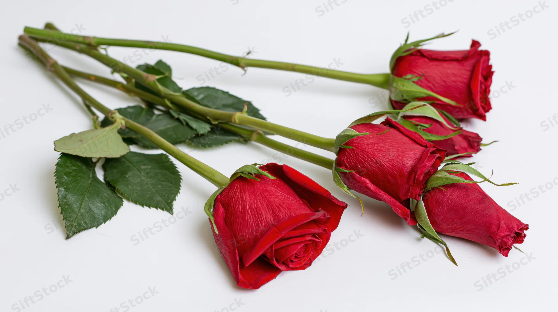 Three red roses with green stems and leaves lying flat on a white surface