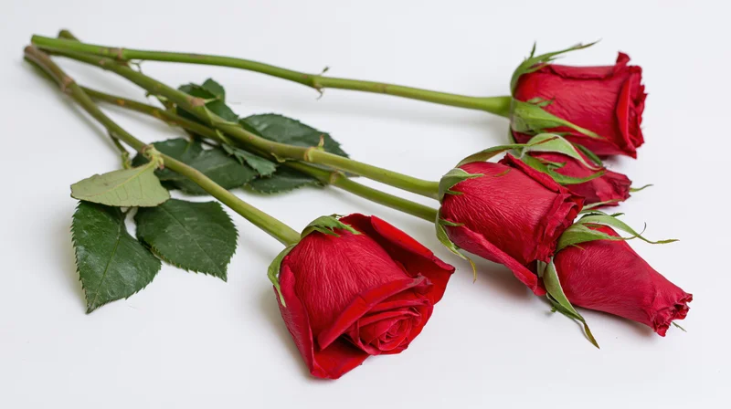 Three red roses with green stems and leaves lying flat on a white surface