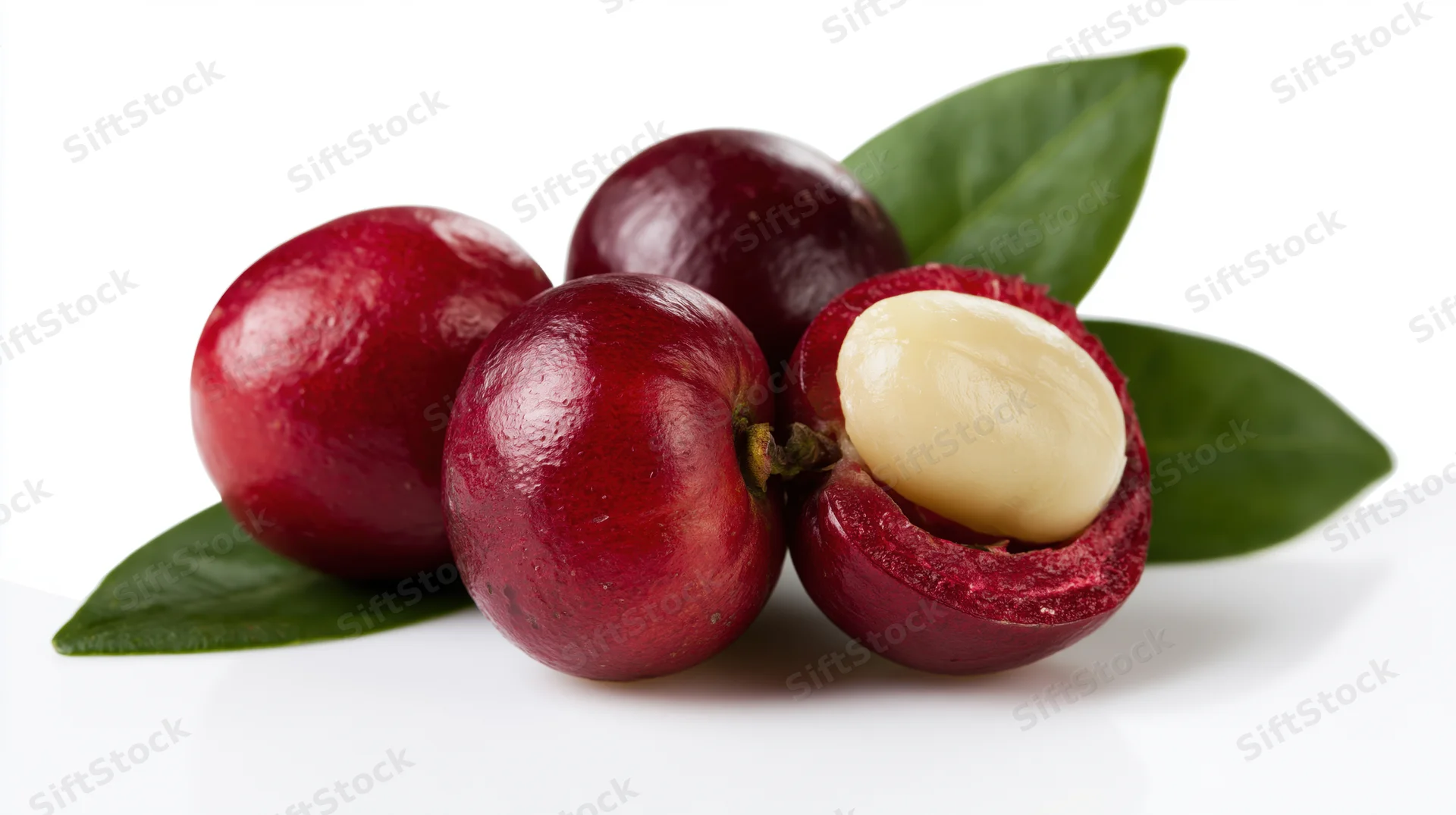 Ripe coffee cherries with one sliced open on white surface with green leaves