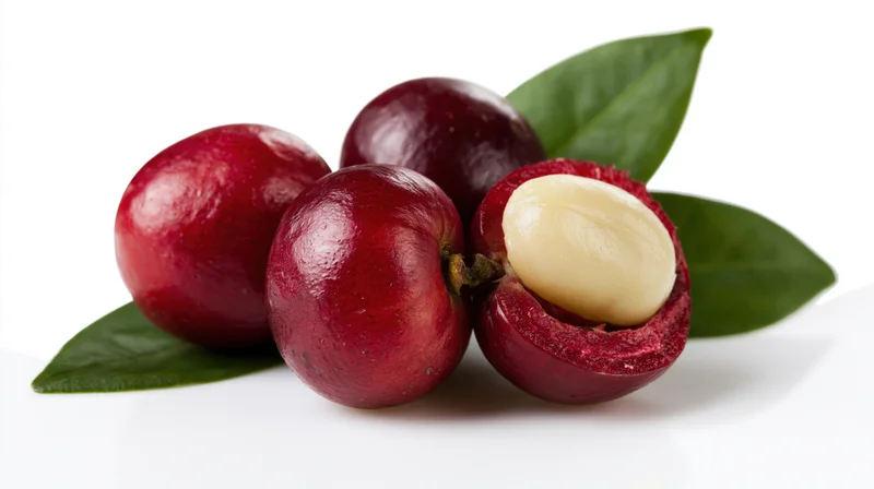 Ripe coffee cherries with one sliced open on white surface with green leaves