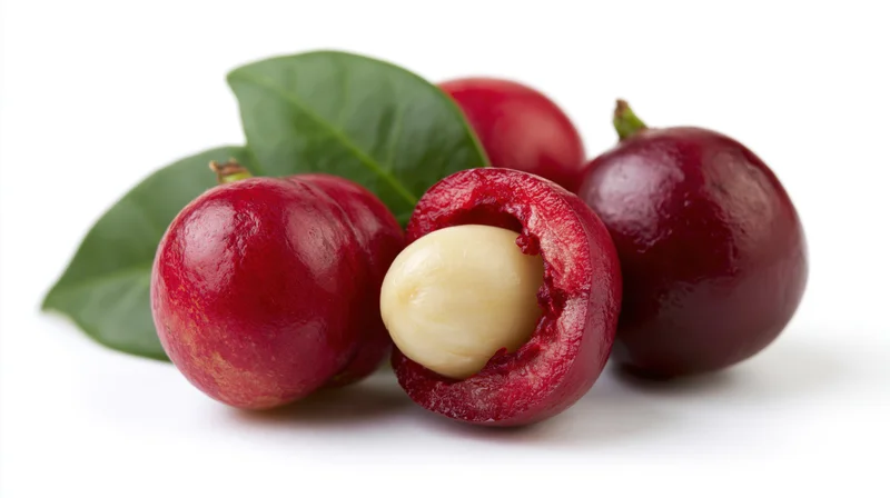 Ripe coffee cherries with one sliced open on white surface showing seed and leaf