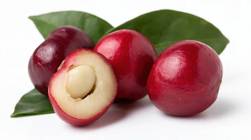 Ripe coffee cherries with one sliced open on white surface with green leaves