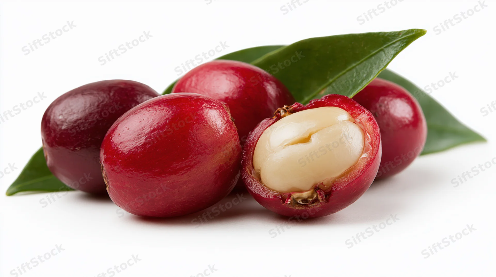 Ripe coffee cherries with one sliced open on white surface with green leaves