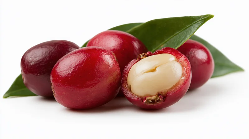 Ripe coffee cherries with one sliced open on white surface with green leaves