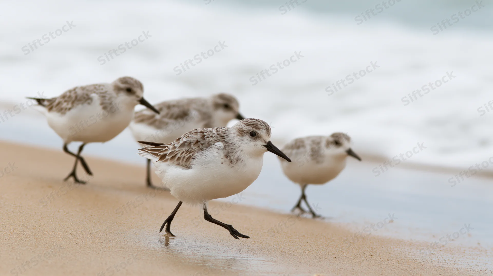 Four sanderlings running along wet sand at shoreline with ocean waves behind