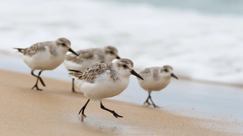 Four sanderlings running along wet sand at shoreline with ocean waves behind