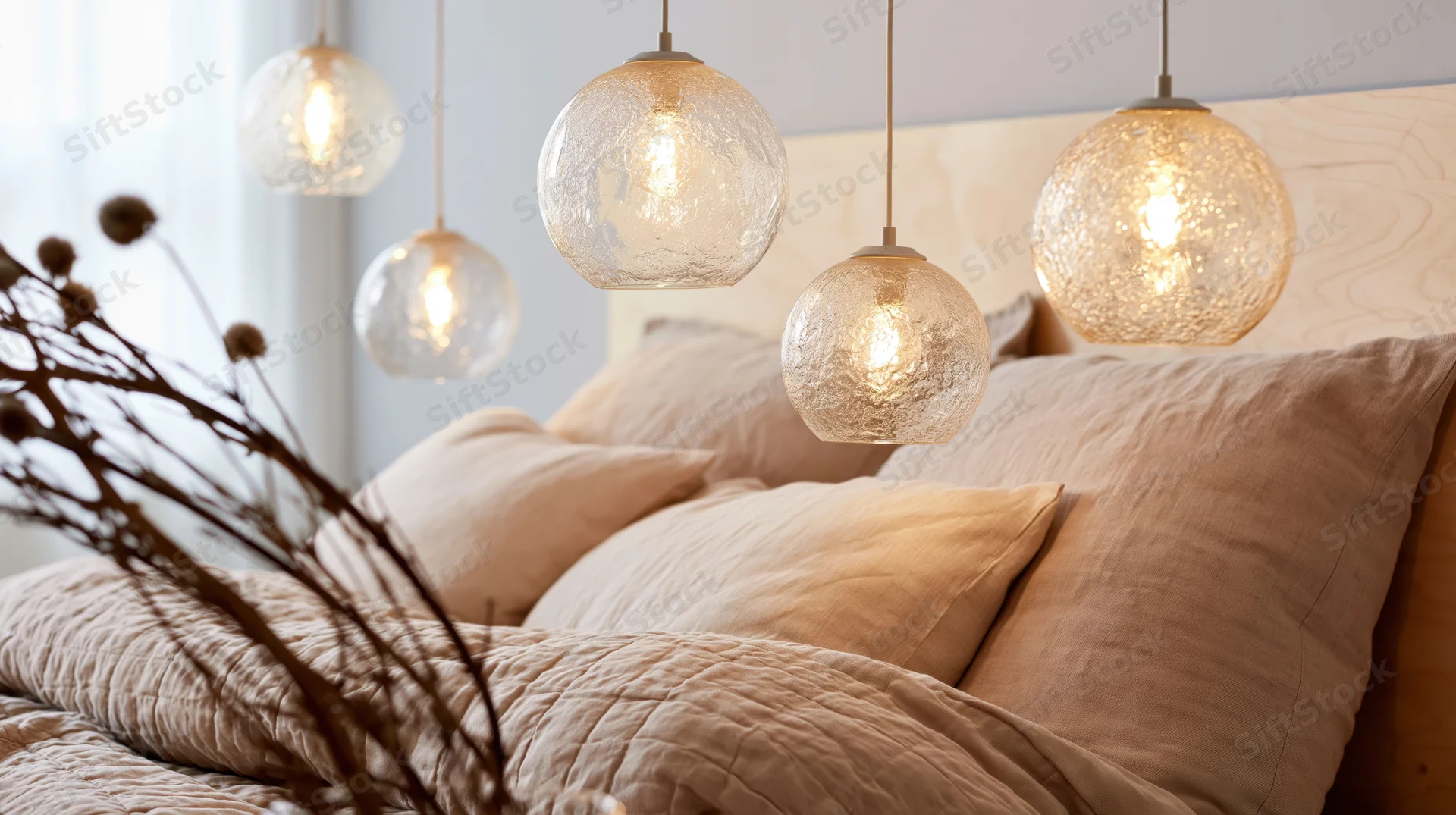 Textured glass globe pendant lights hanging above a bed with beige pillows and wooden headboard