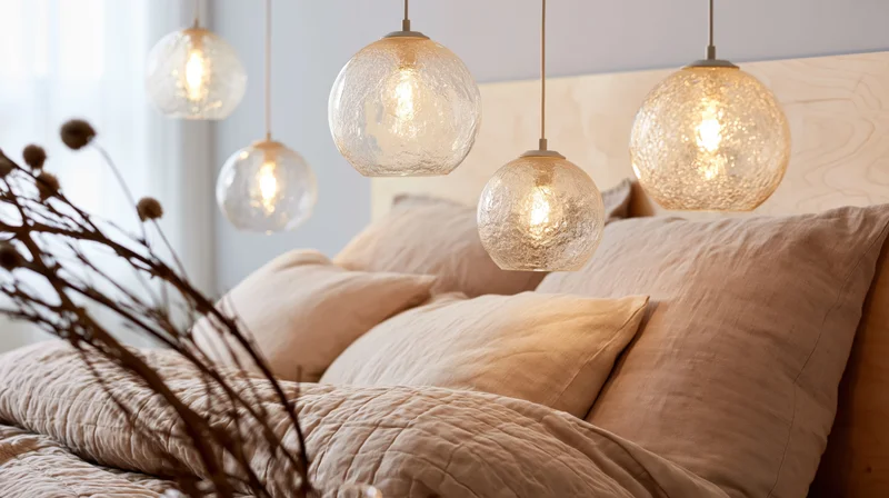 Textured glass globe pendant lights hanging above a bed with beige pillows and wooden headboard