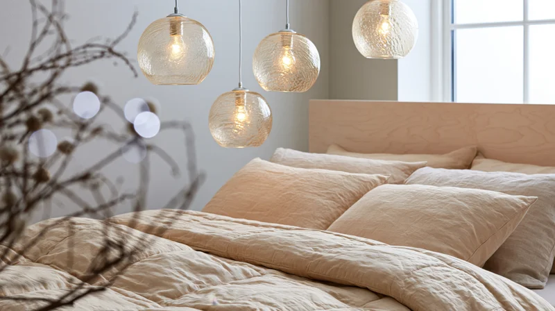Bed with beige bedding and wooden headboard under textured glass globe pendant lights in a modern bedroom