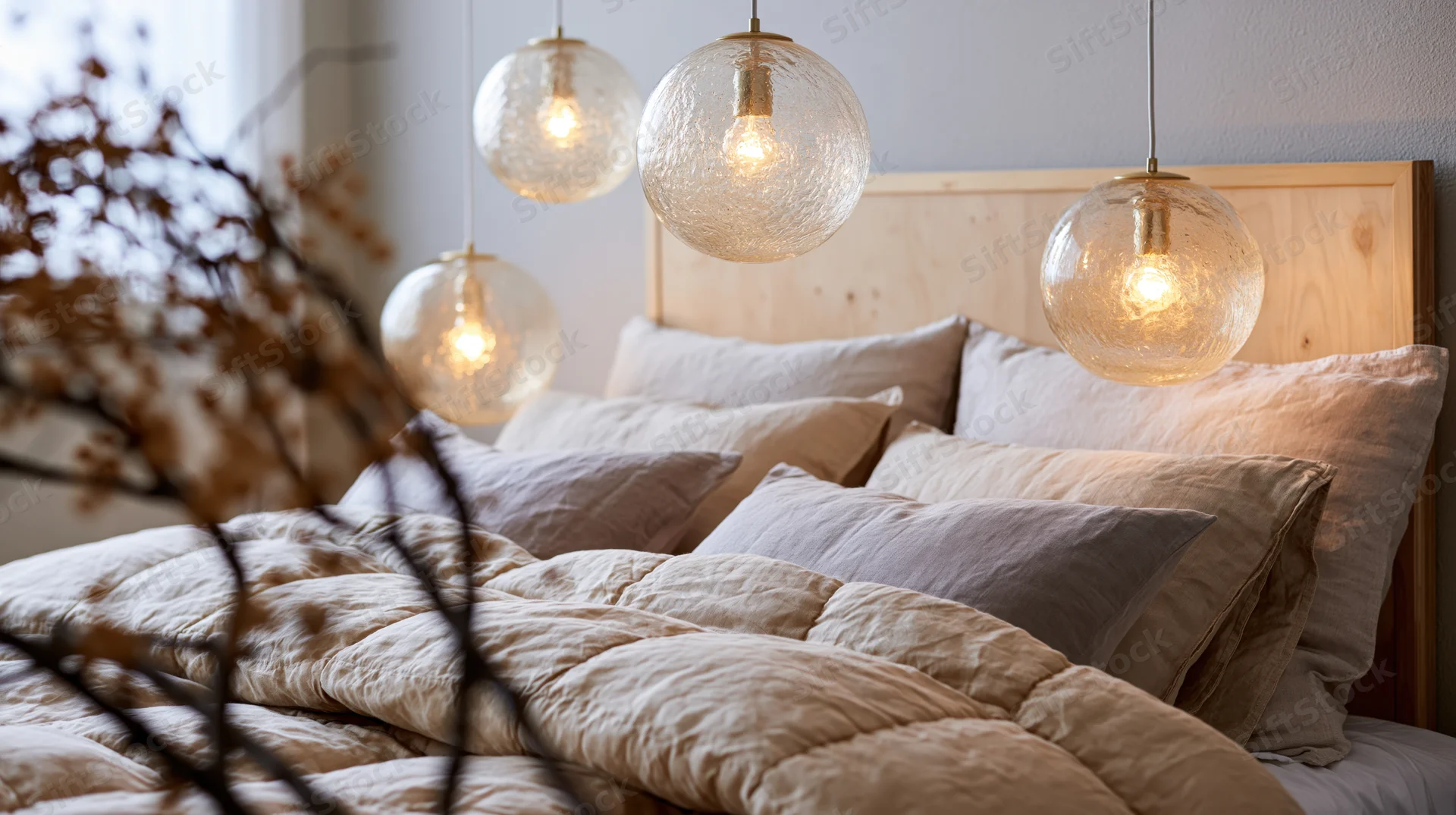 Bed with textured glass globe pendant lights hanging above it in a cozy bedroom