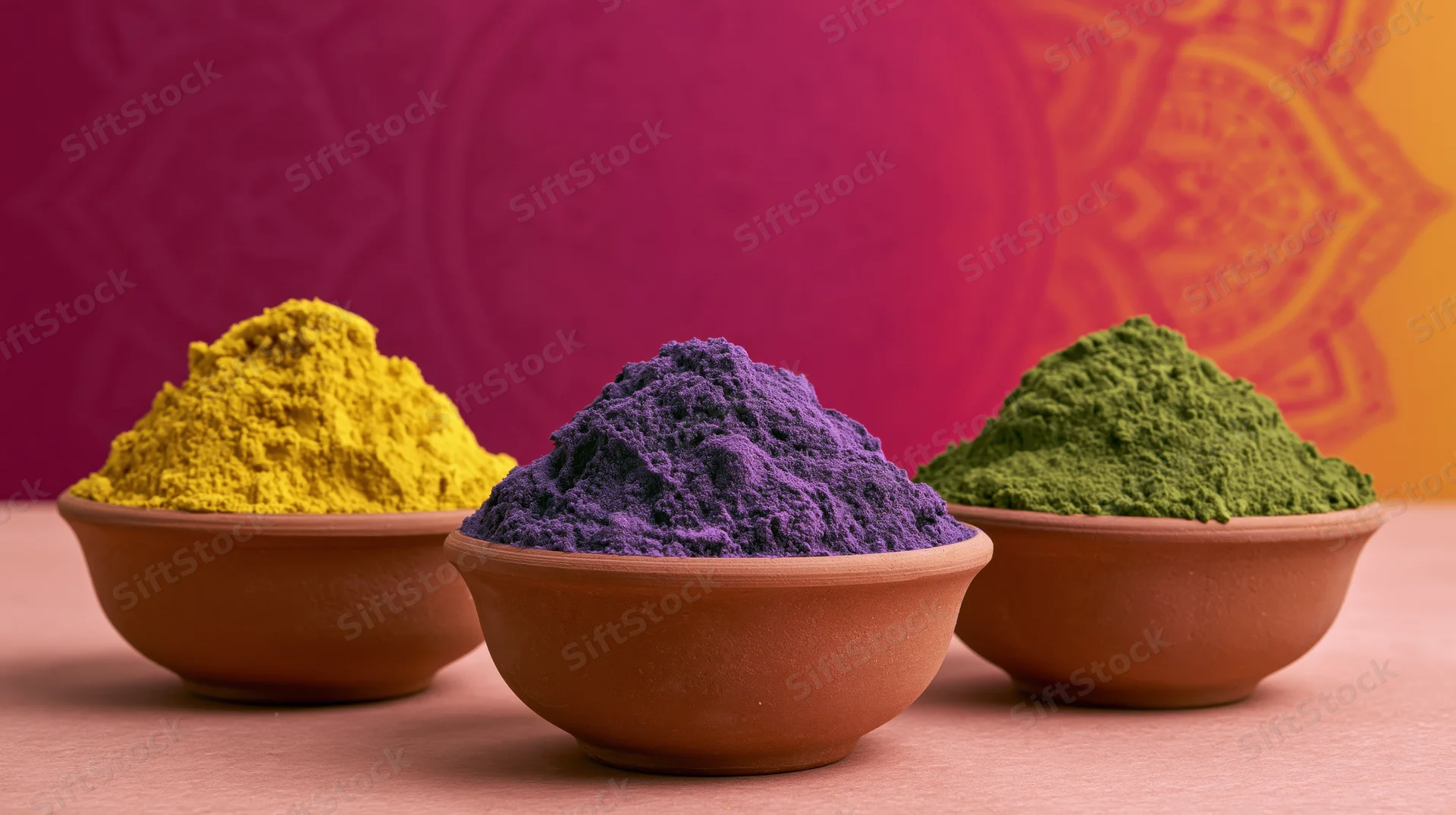 Three clay bowls filled with colorful powders arranged on a table against a patterned background