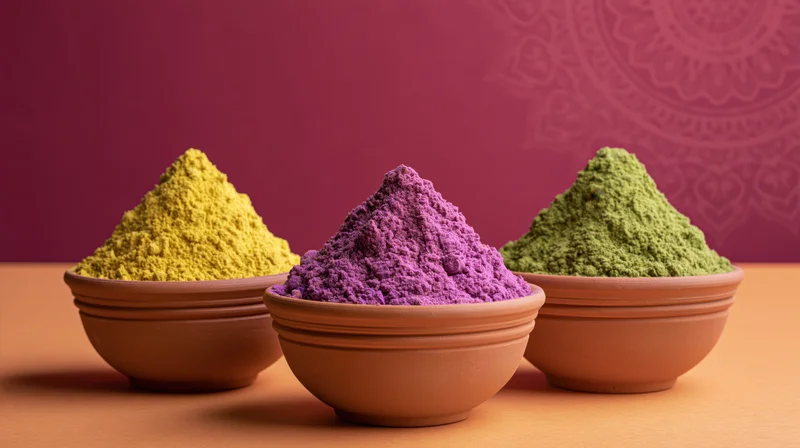 Three clay bowls filled with colorful powders arranged on a surface against a patterned background