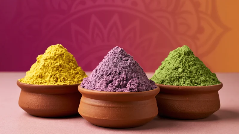 Three clay bowls filled with colorful powders arranged in a row on a smooth surface against a patterned background